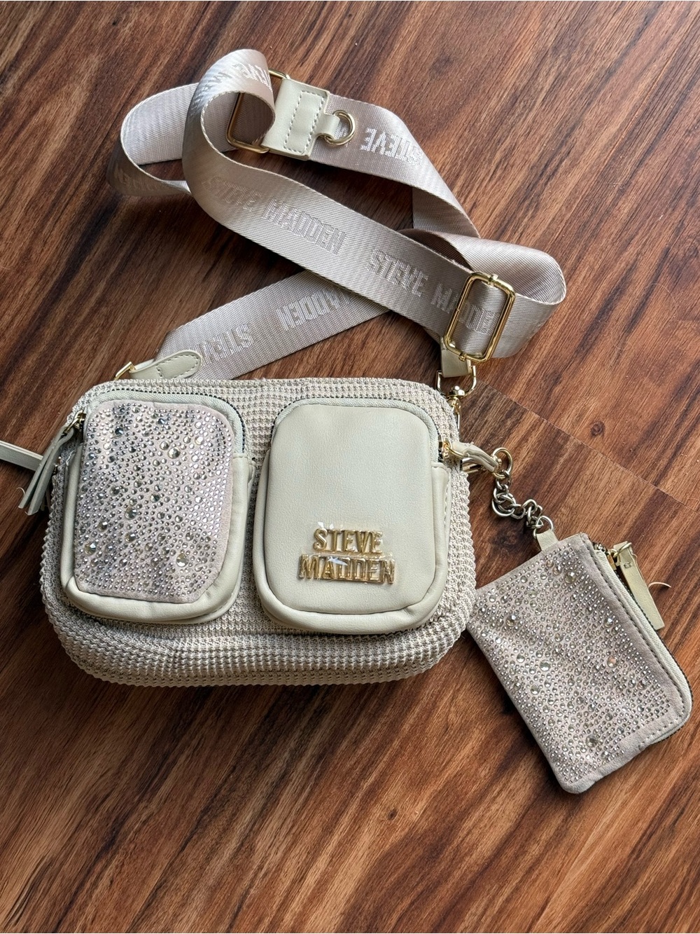 Steve Madden Beige Cream Crossbody / Belt Bag with Crystal Accents & Coin Pouch